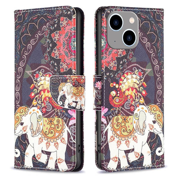 Wonderland iPhone 15 Plus flip etui - Blomst Og Elefant Multicolor