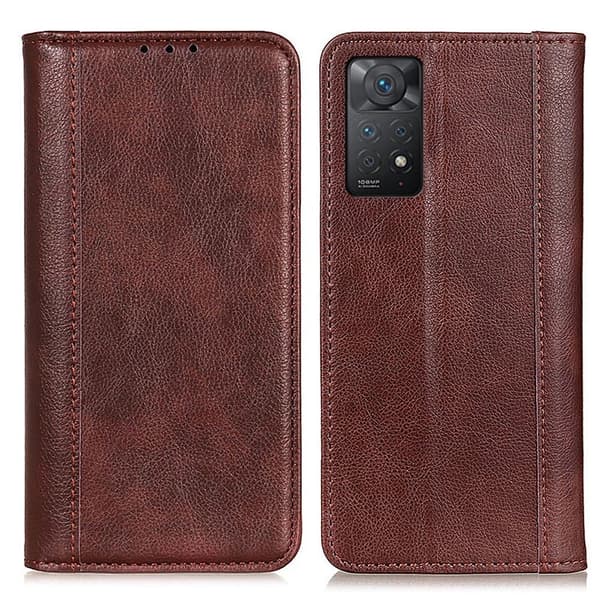 Ekte lærdeksel med magnetisk lukking for Xiaomi Redmi Note 11 Pro 5G - Brun Brown