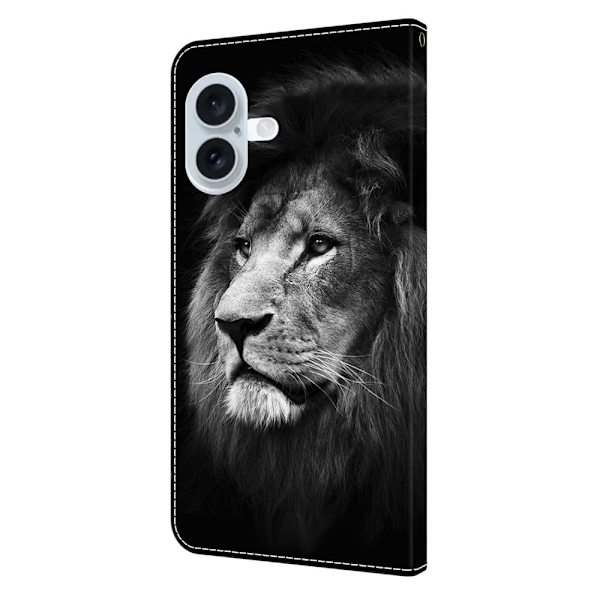 iPhone 16 Plus Plånboksfodral Mönster Tryck Stativ Läder Flip Telefonskal - Lejon Silvergrå