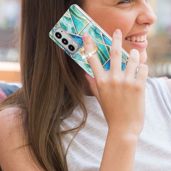 Marble Patterned Suojakuori With Ring Holder For Motorola Edge 20 - Vihreä Green