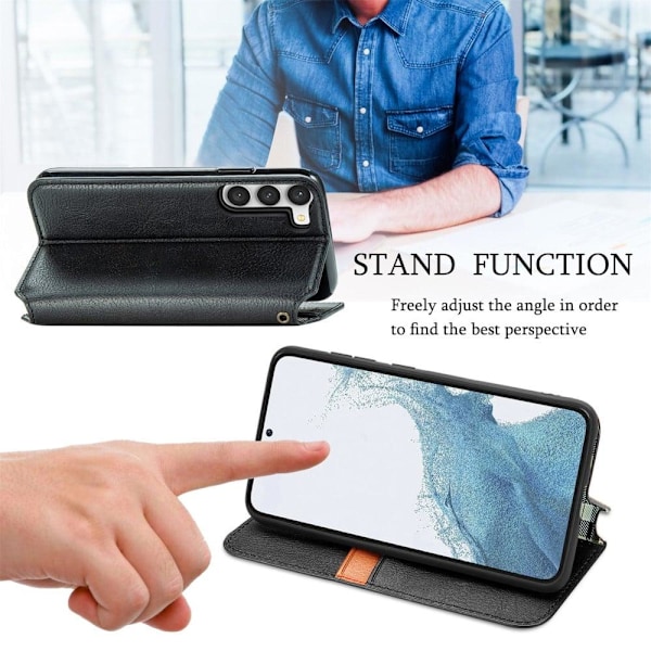 Læder Etui med A Stilfuldt Rhombus Tryk til Samsung Galaxy S23 Plus - Sort Black