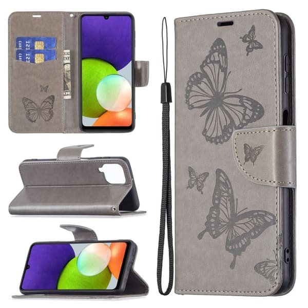Butterfly läder Samsung Galaxy A22 4G fodral - Silver/Grå Silvergrå