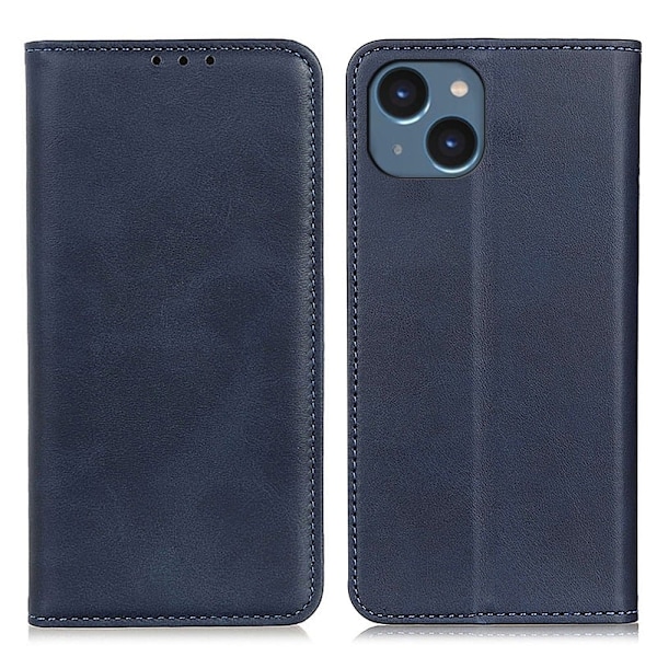 iPhone 14 flip etui i ægte læder med pung – Blå Blue