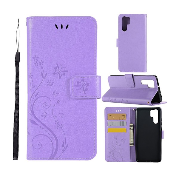 Huawei P30 Pro sommerfugle- og blomstertryk læder flip etui - Lyselilla Purple