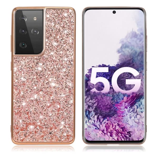 Glitter Samsung Galaxy S21 Ultra Etui - Rødguld Pink