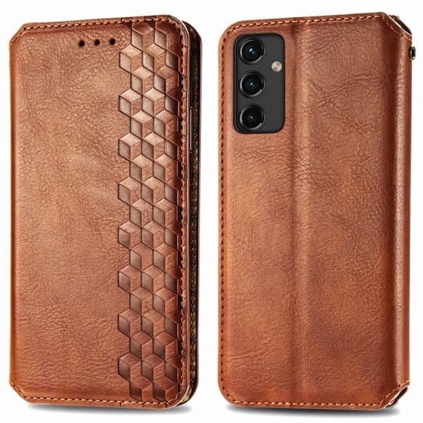 Læretui med A Stilfull Rhombus Imprint til Samsung Galaxy A14 - Brun Brown
