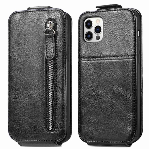 Vertical Flip Phone Suojakotelo With Zipper For iPhone 12 / 12 Pro - Musta Black
