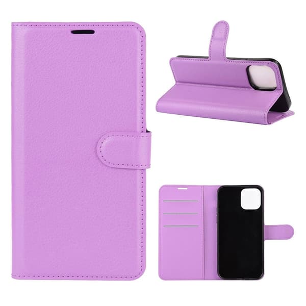 Litchi Texture Leather Wallet Shell Stand Phone Case iPhone 12 Pro Max 6.7 inch - [Motif] Purple