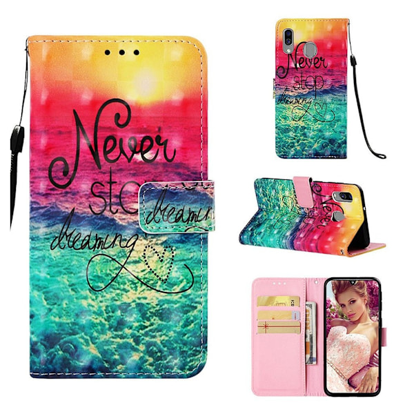Samsung Galaxy A40 kuviollinen nahkakotelo - Never Stop Dreaming Multicolor