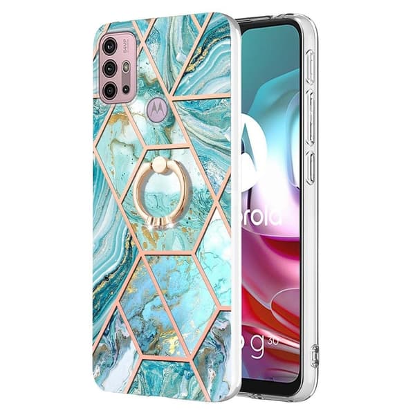 Marble Mønstret Cover med Ring Holder til Motorola Moto G30 - Blå Blue