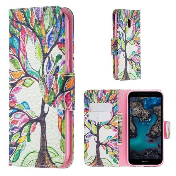 Wonderland Nokia C1 Plus Flip Etui - Farverig Træ Multicolor