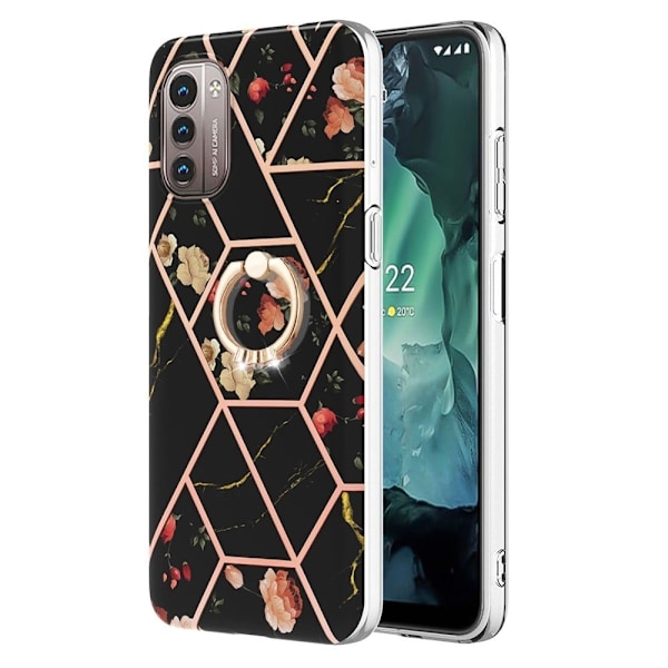 Marble Mønstret Cover med Ring Holder til Nokia G11 / G21 - Sorte Blomster Black