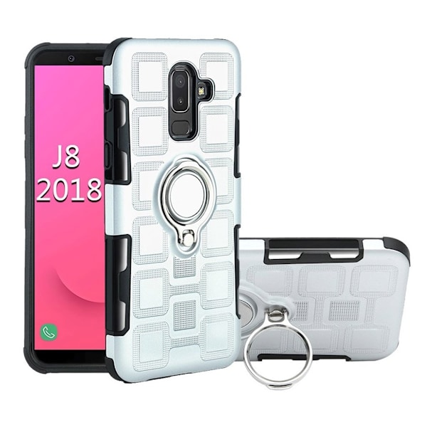 Samsung Galaxy J8 (2018) mobilskal plast silikon ringhållare utfällbart ben magnetiska bilhållare - Silver Silvergrå