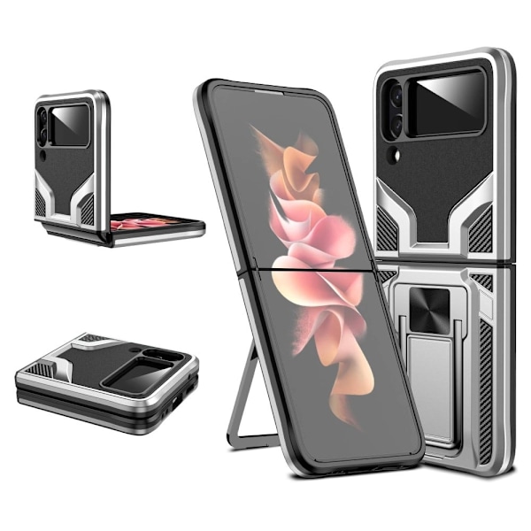 Stødsikker Hybrid Cover med Stativ til Samsung Galaxy Z Flip4 - Sølv Silver grey