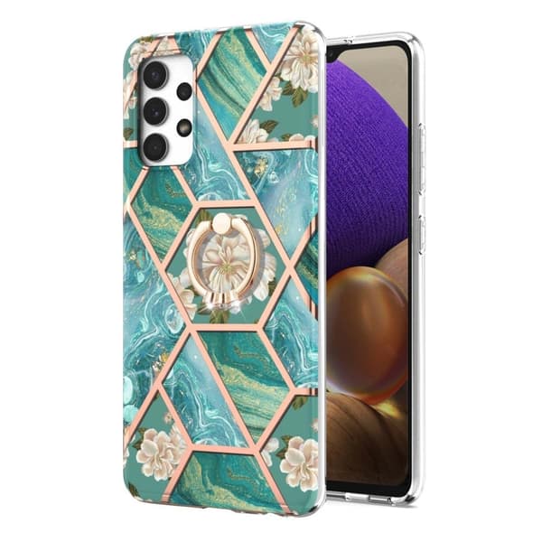 Marble Mønstret Cover med Ring Holder til Samsung Galaxy M32 5G / A32 5g - Blå Blomster Blue