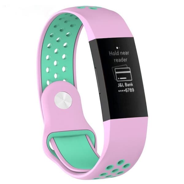 Fitbit Charge 3 erstatnings urrem i silikone med sports design - Lyserød/Grøn Multicolor
