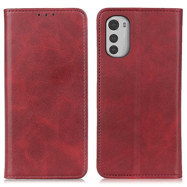 Motorola Moto E32 lompakkokotelo, aitoa nahkaa - Punainen Red