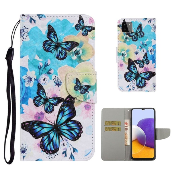 Wonderland Samsung Galaxy A22 5G Flip etui - Blå sommerfugl og blomst Blue