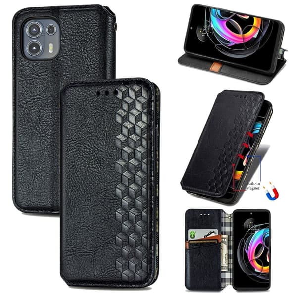 Læder Etui med A Stilfuldt Rhombus Tryk til Motorola Edge 20 Lite - Sort Black