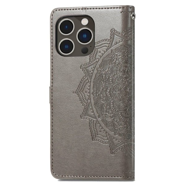 Mandala iPhone 14 Pro læderetui - Sølv/Grå Silver grey