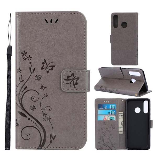 Huawei P30 Lite Avtryck fjäril och blomma läderfodral - Grå Silvergrå
