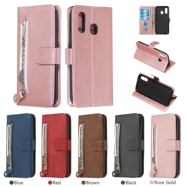 Læderpung med lynlåslomme til Samsung Galaxy A40 - Rødguld Pink