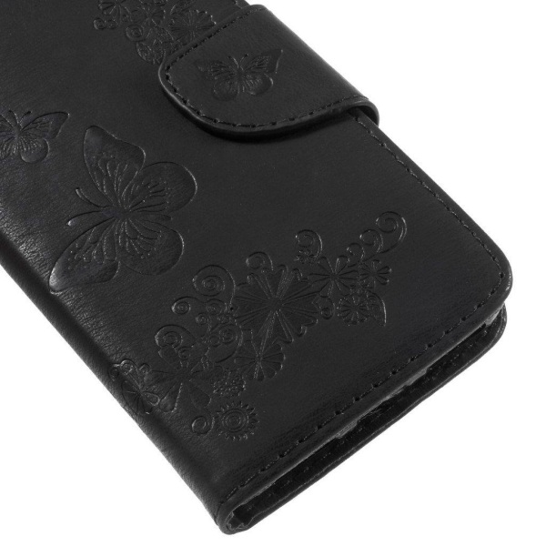 Huawei P9 Lite Mini imprinted sommerfugl Blomster PU læder flip etui - Sort Black