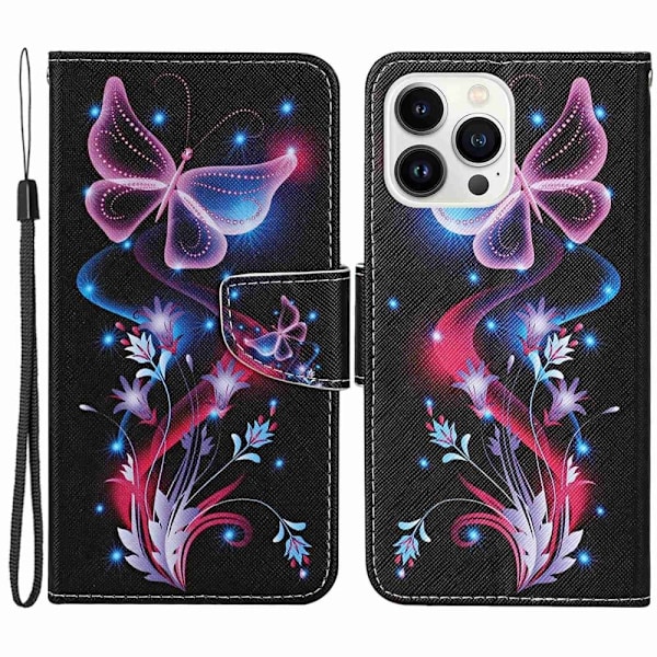 Wonderland iPhone 14 Pro flip etui - Fluorescerende Sommerfugle Multicolor