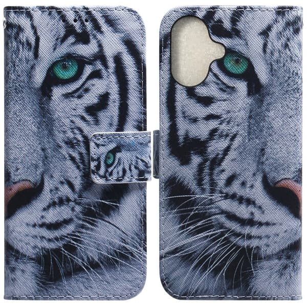 iPhone 16 Etui med pung Pattern Print Leather Phone Cover - Tiger Blue
