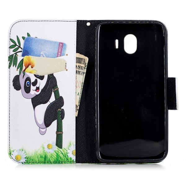 Samsung Galaxy J4 (2018) mønstret læder flip etui - Panda Multicolor