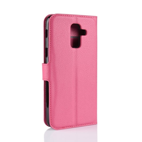 Samsung Galaxy J8 (2018) beskyttelsesetui i kunstlæder med Litchi struktur samt stativ - Rosa Pink