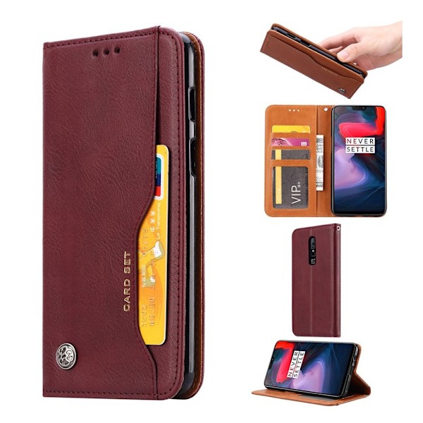 OnePlus 6 självabsorberande flipfodral i läder - Vinröd Röd