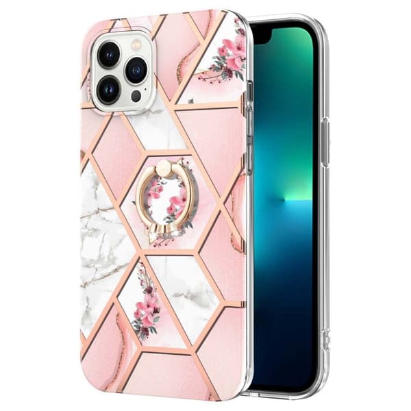Marble Patterned Suojakuori With Ring Holder For iPhone 14 Pro - Pink Flowers Pink