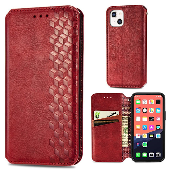 Läder iPhone 13 Mini fodral med romb-design - Röd Röd