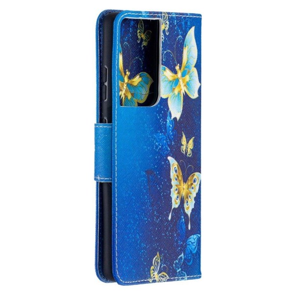 Wonderland Samsung Galaxy S21 Ultra 5G flip kuoret - Sininen Perhonen Blue