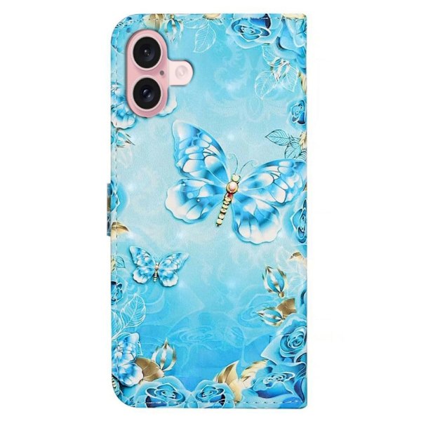 iPhone 16 Etui 3D Creative Pattern Vegansk Læder Stand Phone Cover - Blå Sommerfugl Blue