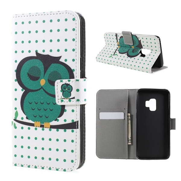 Samsung Galaxy S9 mønstret grynet PU læder flip etui - Sovende Ugle Green