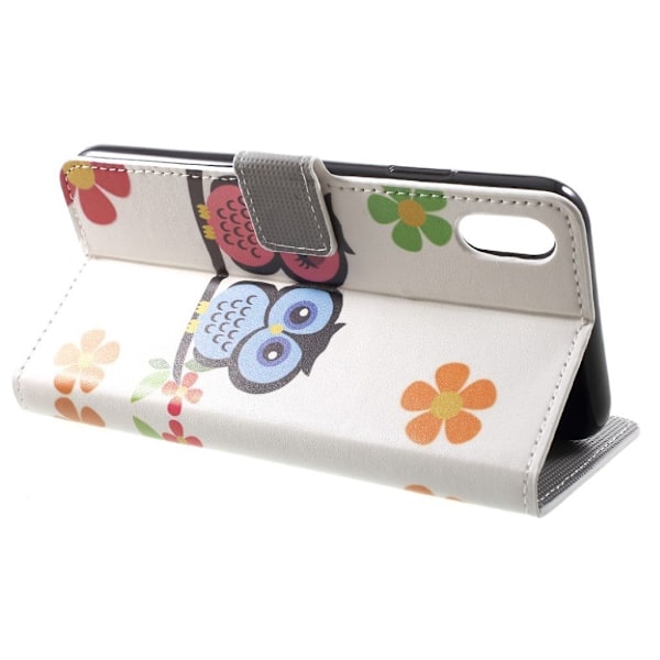iPhone Xs Max læder flip cover med mønsterprint - Ugler Og Hjerter Multicolor