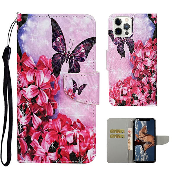 Wonderland iPhone 13 Pro flip etui - Rød Blomst Og Sommerfugl Pink