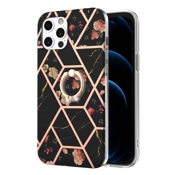 Marble Patterned Suojakuori With Ring Holder For iPhone 12 Pro Max - Black Flowers Black