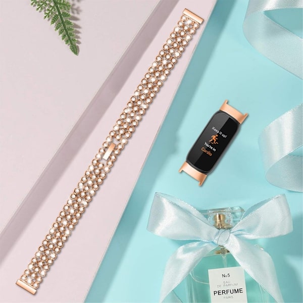 Fitbit Luxe rhinestone urrem i rustfrit stål - Rødguld Pink
