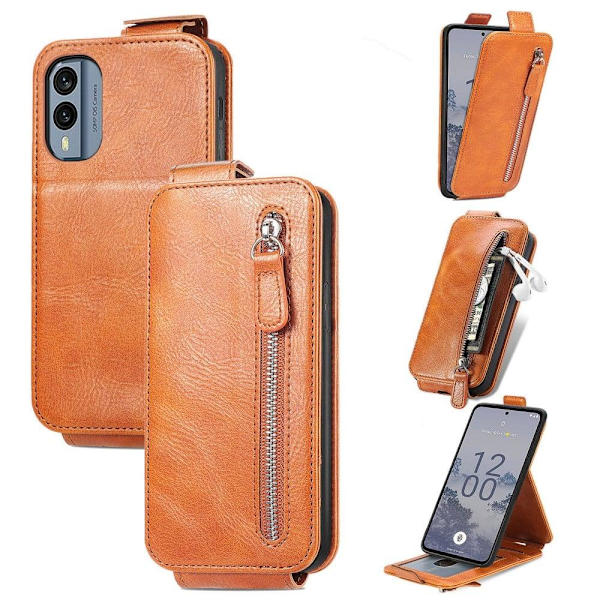 Vertical Flip Phone Suojakotelo With Zipper For Nokia X30 - Ruskea Brown