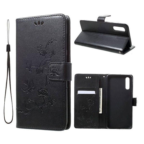 Samsung Galaxy A70 sommerfugleprint på lædercover - sort Black