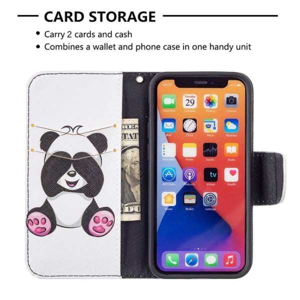 Wallet Stand Design Pattern Printing Vegansk Læder Flip Cover Protective Case iPhone 13 6.1 inch - Panda Multicolor