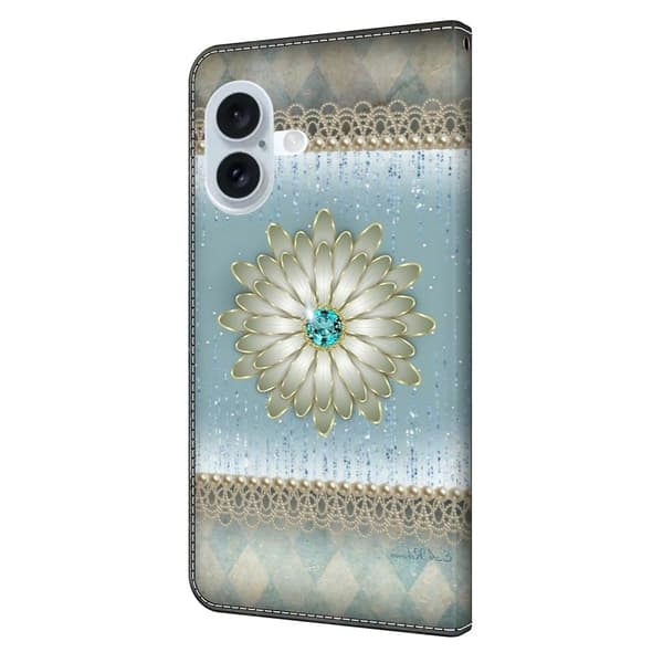 iPhone 16 Plus Plånboksfodral Mönster Tryck Stativ Läder Flip Telefonskal - Blå Diamantblomma Blå