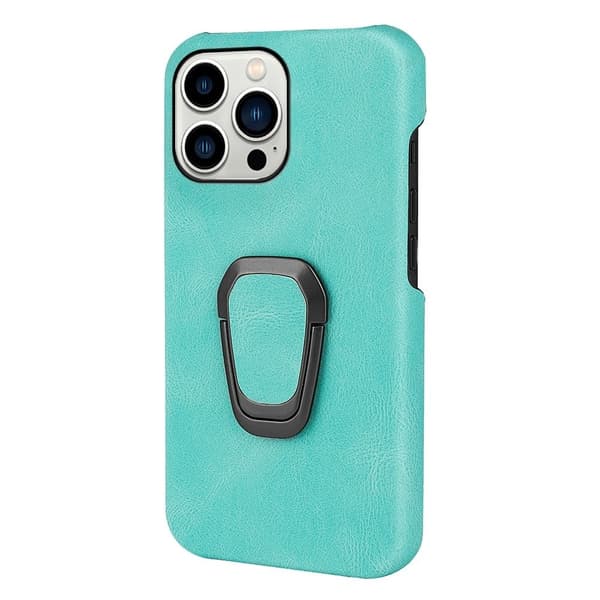 Stødsikkert lædercover med oval kickstand til iPhone 14 Pro Max - Cyan Green