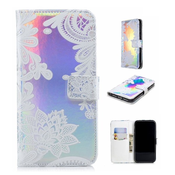 iPhone Xs Max mobilfodral syntetläder silikon plånbok stående holografisk - Spetsblomma Vit