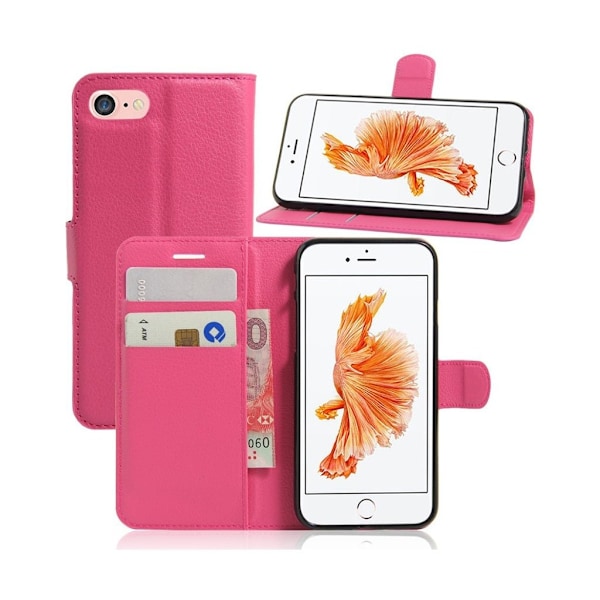 Laudrup iPhone 7 / 8 Litsi Pintainen Nahkakotelo Lompakko Standillä - Kuuma Pinkki Pink