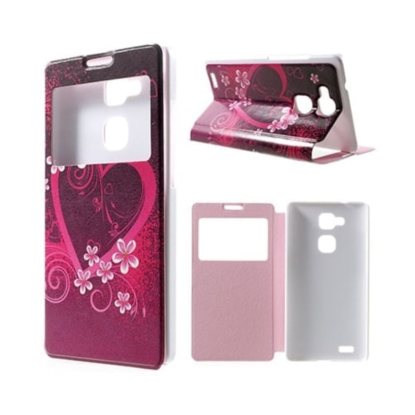 Moberg View Huawei Ascend Mate7 Läder Flip Fodral - Rött Hjärta Rosa
