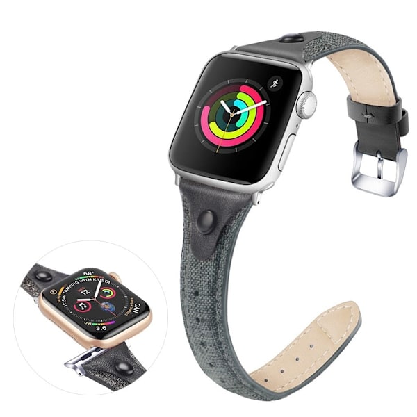 Apple Watch Series 5 / 4 40mm canvas urrem i ægte læder - Grå / Sort Silver grey